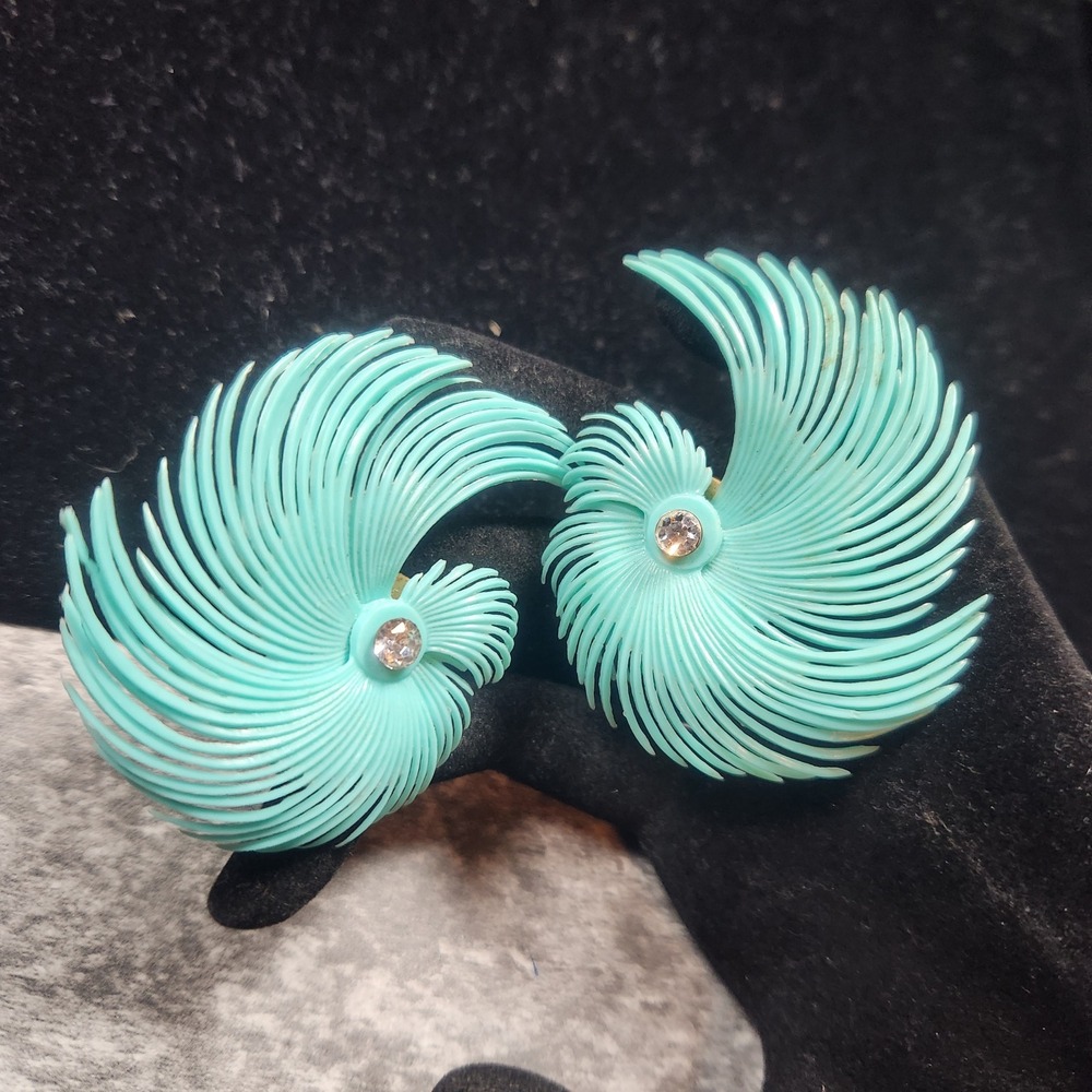Vintage Turquoise Blue Swirl Rhinestone Statement Clip On Earrings Mid Century - Picture 4 of 11